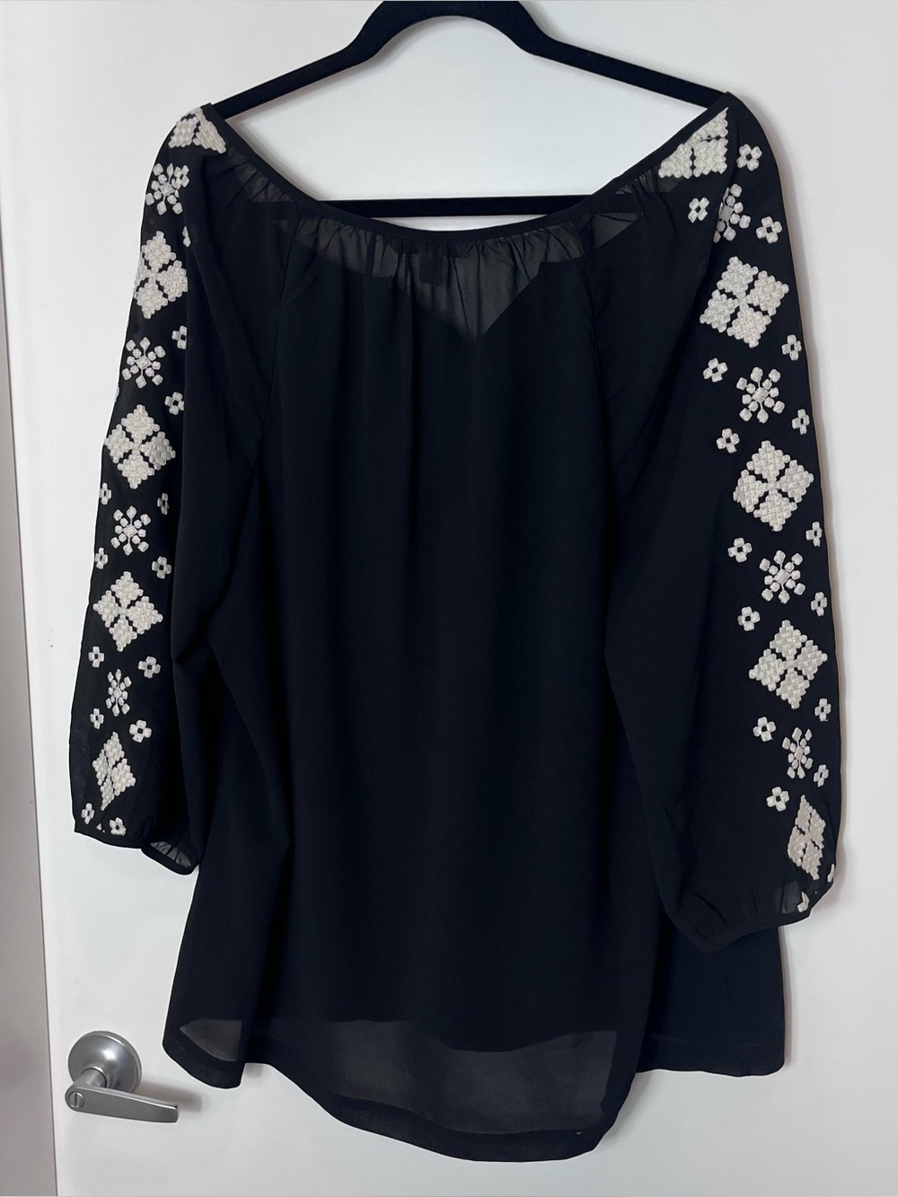 Old Navy Peasant Embroidered‎ Blouse Split Neck Casual Tunic Sheer Boho Black XL
